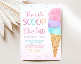 Invitación de cumpleaños de helado, aquí está la primicia, invitación de cumpleaños de helado, invitación para una fiesta dulce, plantilla editable de Canva de 5x7