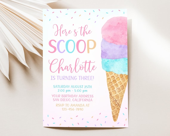 Ice Cream Birthday Invitation, Here's the Scoop Ice Cream Birthday Invite, Sweet Party Invitation, Editable 5x7 Canva Template