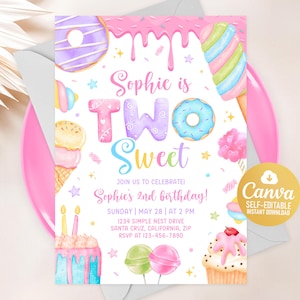May include: A colorful birthday invitation with the text "Sophie is TWO Sweet." The design features watercolor illustrations of donuts, ice cream, cupcakes, and lollipops. The invitation includes the date, time, and location of the party.