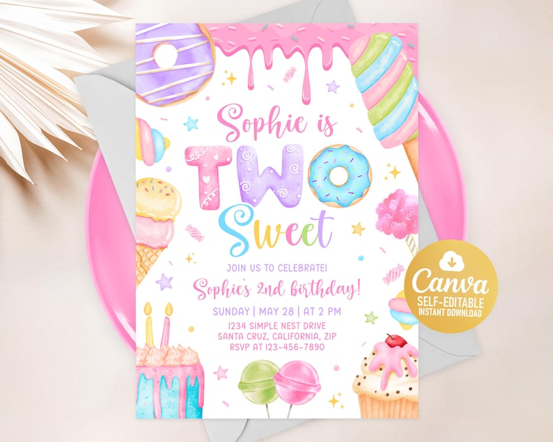 May include: A colorful birthday invitation with the text "Sophie is TWO Sweet." The design features watercolor illustrations of donuts, ice cream, cupcakes, and lollipops. The invitation includes the date, time, and location of the party.