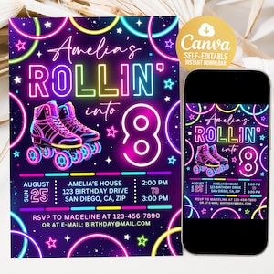 May include: A vibrant invitation design with a neon roller skate theme. The invitation features the text "Amelia's Rollin' into 8" with event details. A smartphone displays the same design. The design includes stars and colorful neon accents.