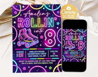 May include: A vibrant invitation design with a neon roller skate theme. The invitation features the text "Amelia's Rollin' into 8" with event details. A smartphone displays the same design. The design includes stars and colorful neon accents.