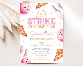 Bowling Birthday Invitation, Pink Bowling Party Invite, Let's Strike Up Some Fun Invite Template SP014