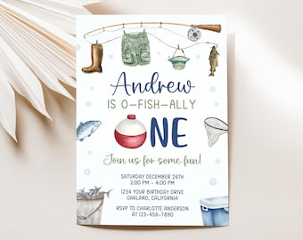 Fishing First Birthday Invitation, O-Fish-Ally One Birthday Invite, Fishing Party Invitation, Boy 1st Birthday, Editable 5x7 Canva Template