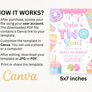 May include: A colorful invitation template for a second birthday party. The design features the text "Sophie is TWO Sweet" with illustrations of donuts, ice cream, and other sweets. The invitation is 5x7 inches and customizable in Canva.