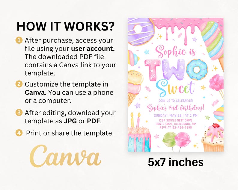May include: A colorful invitation template for a second birthday party. The design features the text "Sophie is TWO Sweet" with illustrations of donuts, ice cream, and other sweets. The invitation is 5x7 inches and customizable in Canva.