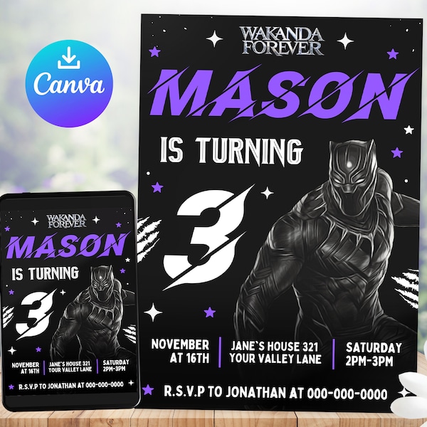 Black Panther Invitation, Black Panther Birthday Invitation, Printable Kids Party Invites, Canva Template