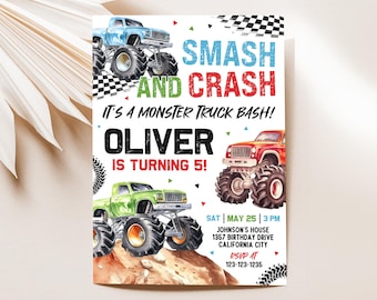 Monster Truck Birthday Invitation, Boy Monster Truck Birthday Invite, Monster Truck Invites, Editable 5x7 Canva Template