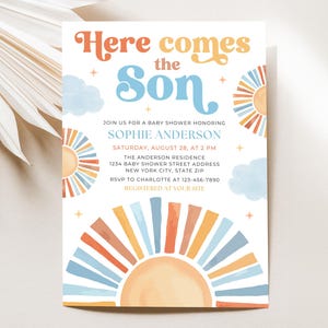 Sunshine Baby Shower Invitation, Here Comes the Son Baby Shower Invitation, Boy Boho Sonshine Shower Invite, Editable 5x7 Canva Template
