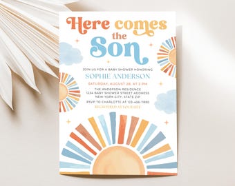 Invitación para baby shower "Sunshine", "Aquí viene el hijo", "Boho Sonshine Baby Shower", plantilla editable de Canva de 5x7