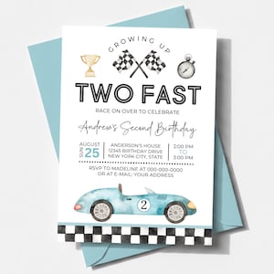Two Fast Birthday Invitation, Vintage Race Car Birthday Invite Template SP023