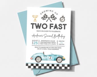 Two Fast Birthday Invitation, Vintage Race Car Birthday Invite Template SP023