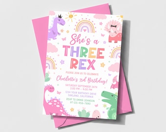 Three Rex Birthday Invitation, Girl Dinosaur 3rd Birthday Invite, Pink Dinosaur Invitation Template SP007