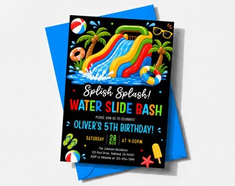 Water Slide Birthday Invitation, Summer Pool Party Invite Template SP021