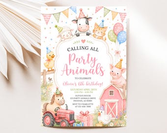 Farm Birthday Invitation, Barnyard Animals Birthday Invite, Farm Theme Party Template SP035
