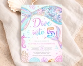 Dive into Five Mermaid Invitation, 5th Birthday Mermaid Invite, Mermaid Bash Under the Sea Birthday Invites, Editable 5x7 Canva Template