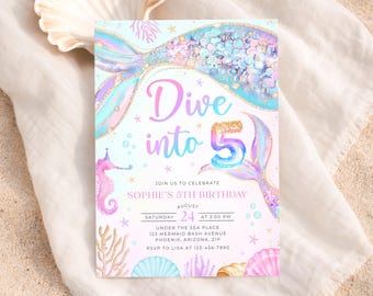 Dive into Five Mermaid Invitation, 5th Birthday Mermaid Invite, Mermaid Bash Under the Sea Birthday Invites, Editable 5x7 Canva Template