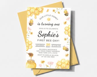 Bee 1st Birthday Invitation, Sweet To Bee One Birthday Invite, First Bee Day Invitation, Bee Day Party Invite Template SP022