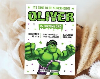 Invitación de Hulk, invitación de cumpleaños de Hulk, invitaciones a fiestas infantiles imprimibles, plantilla Canva