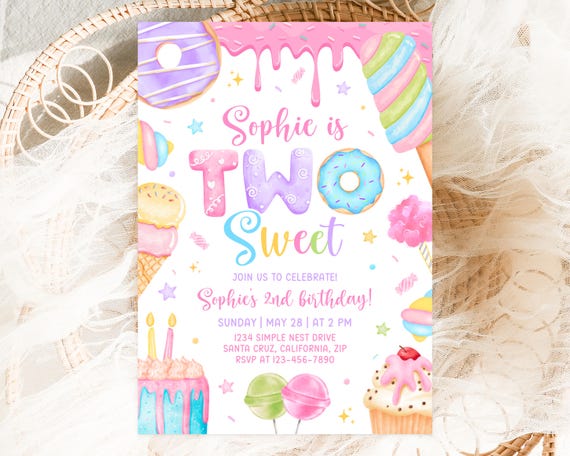 Two Sweet Birthday Invitation, Sweet 2nd Birthday Girl Invite, Two Year Candy Invitation, Sweets Dessert Donut Ice Cream, Canva Template