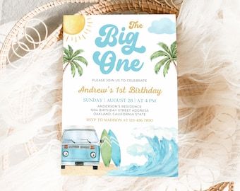 The Big One Surf Birthday Invitation, Surfing 1st Birthday Party Invite, Surf Beach Summer Birthday Invites, Editable 5x7 Canva Template