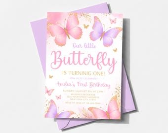 Butterfly Birthday Invitation, Pink Purple Butterfly Invite, Butterfly Birthday Party Invite, Girl 1st Birthday Template SP033