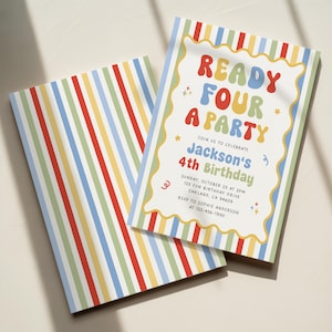 Pode incluir: Dois cartões de convite de aniversário retangulares com um padrão de listras verticais coloridas em vermelho, azul, amarelo e verde. O cartão frontal tem um centro branco com bordas onduladas e o texto READY FOUR A PARTY, Jackson's 4th Birthday.