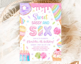 Sweet Sassy and Six Birthday Invitation, Sweet 6th Birthday Girl Invite, Candy Sweets Dessert Donut Ice Cream, Canva Template