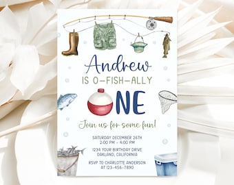 Fishing First Birthday Invitation, O-Fish-Ally One Birthday Invite, Fishing Party Invitation, Boy 1st Birthday Invite Template SP012