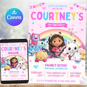 Gabbys Dollhouse Birthday Invitation, Digital Gabby Dollhouse Invitation, Printable Kids Party Invites, Canva Template image 1