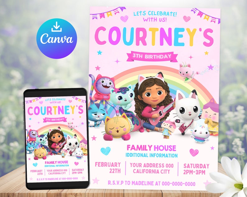 Gabbys Dollhouse Birthday Invitation, Digital Gabby Dollhouse Invitation, Printable Kids Party Invites, Canva Template 画像 1