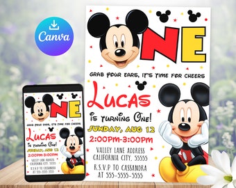 Invitación de Mickey Mouse, invitación de cumpleaños de Mickey Mouse, invitaciones a fiestas infantiles imprimibles, plantilla Canva