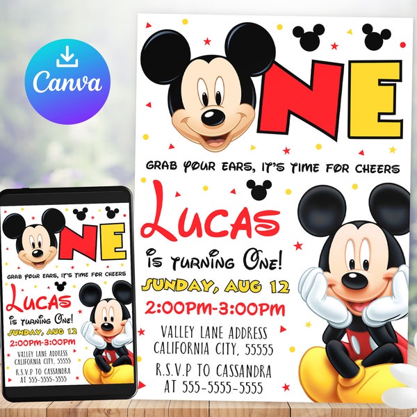 Mickey Mouse Invitation, Mickey Mouse Birthday Invitation, Printable Kids Party Invites, Canva Template