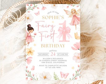 Fairy First Birthday Invitation, Girl Fairy 1st Birthday Invite, Garden Fairy Birthday Invitation, Editable 5x7 Canva Template