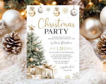 May include: A Christmas party invitation with a festive design. The invitation features a Christmas tree, gifts, and ornaments in gold and white. The text reads "Christmas Party" with event details, including the date, time, and location.