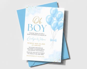 Oh Boy Baby Shower Invitation, Boy Blue Balloon Baby Shower Invitation, Baby Shower Invite Template SP011