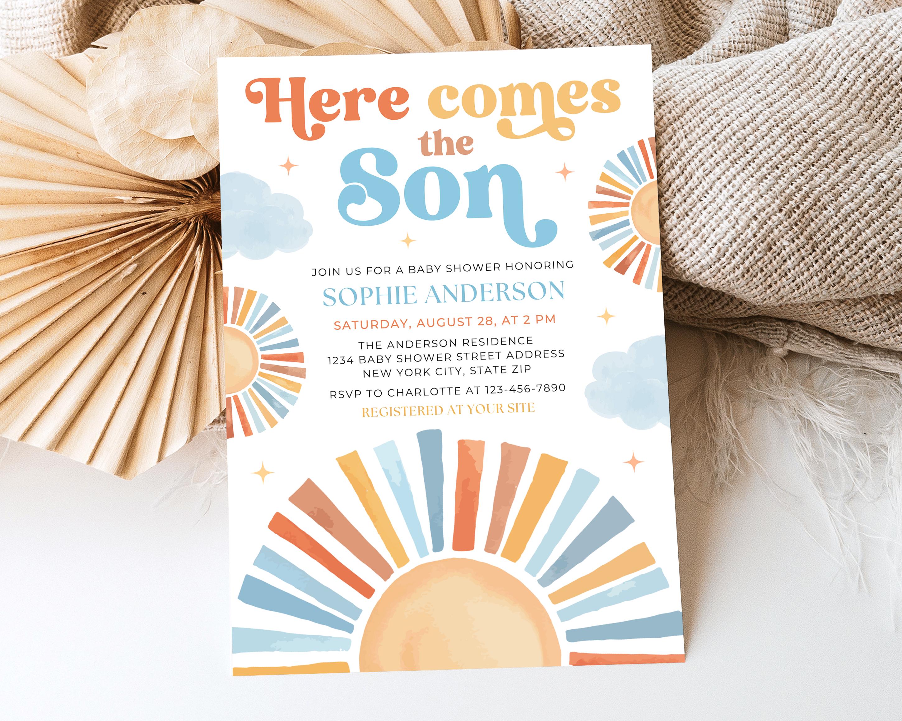 Sunshine Baby Shower Invitation, Here Comes the Son Baby Shower