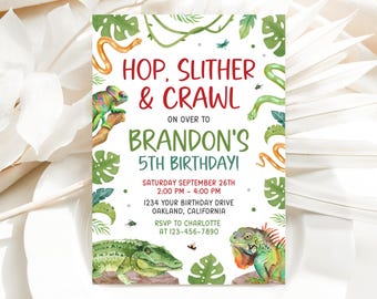 Reptile Birthday Invitation, Slither Hop and Crawl Birthday Invite, Snake Nature Theme Birthday Party Invite Template SP026