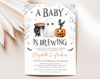 En bebis brygger Halloween-babyshowerinbjudan, könsneutral Halloween-babyshowerinbjudan, höst- och höstbabyshower, redigerbar canvasduk på 5x7