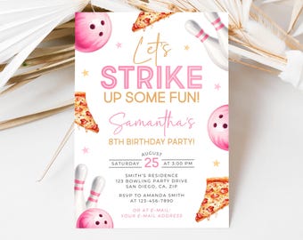 Bowling Birthday Invitation, Pink Bowling Party Invite, Let's Strike Up Some Fun Invite, Editable 5x7 Canva Template