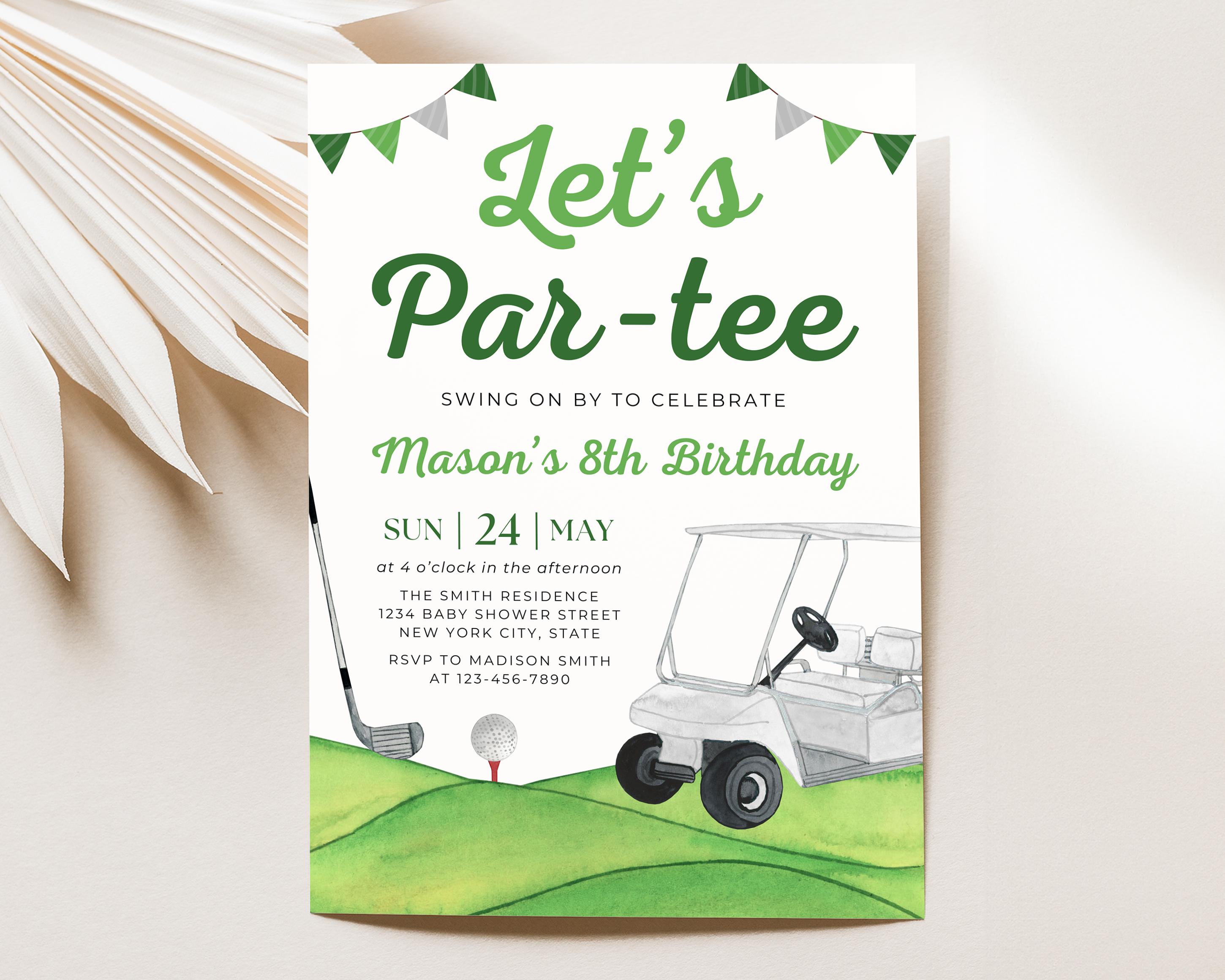 Invitación de cumpleaños de golf, invitación de cumpleaños de golf "Let's Par Tee", invitaciones para fiesta de cumpleaños de golf, plantilla editable de Canva de 5x7