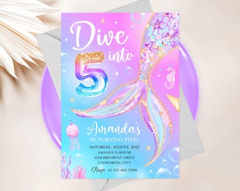 Dive into Five Mermaid Invitation, 5th Birthday Mermaid Invite, Mermaid Bash Under the Sea Birthday Invites, Editable 5x7 Canva Template