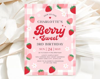 Berry Sweet Birthday Invitation, Berry Sweet Birthday Party Invite, Strawberry Birthday Invite Template SP036