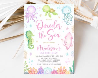 Oneder the Sea 1st Birthday Invitation, Under the Sea Birthday Invite, Ocean Animals Party Invite Template SP024