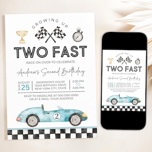 Twee snelle verjaardagsuitnodiging, vintage raceauto verjaardagsuitnodiging, retro raceauto verjaardagsuitnodiging, bewerkbare 5 x 7 canvas sjabloon