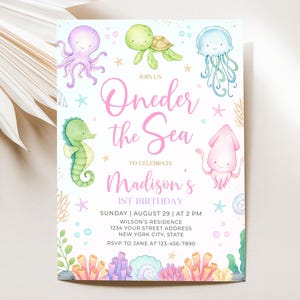Oneder the Sea 1st Birthday Invitation, Under the Sea Birthday Invite, Ocean Animals Party Invites, Editable 5x7 Canva Template