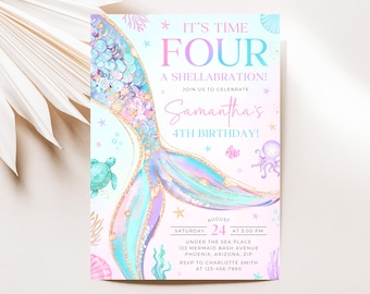 Mermaid Four Birthday Invitation, 4th Birthday Mermaid Invite, Mermaid Bash Under the Sea Birthday Invite Template SP028
