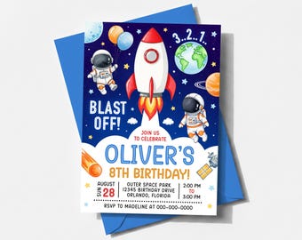 Space Birthday Party Invitation, Astronaut Outer Space Birthday Galaxy Invite Template SP030