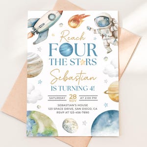 May include: A watercolor invitation with a space theme. It features a rocket, astronaut, planets, and the text "Reach Four the Stars, Sebastian is turning 4!" The invitation includes the date, time, and location.