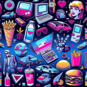Puede incluir: Un patrón colorido de temática retro con una variedad de iconos de los años 80 y 90, incluyendo un portátil, una consola de videojuegos, una cinta de casete, unas gafas de sol, un globo terráqueo, una botella de zumo, una hamburguesa, un coche, una mujer con el pelo rubio y un cono de patatas fritas.